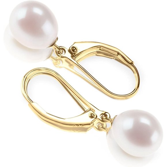 Girls Yellow Gold Handpicked Leverback Dangle Stud Pearl Earrings - Picture 3 of 8